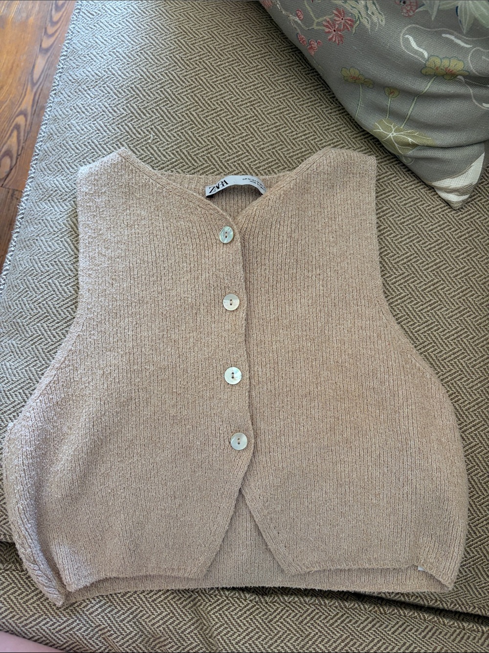 Zara Light Beige Knit Button-Front Vest Fits like S